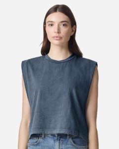 American Apparel 307GD Women’s Heavyweight Cotton Garment-Dyed Muscle Tee – Faded Navy (on model)