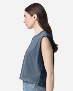 American Apparel 307GD Women’s Heavyweight Cotton Garment-Dyed Muscle Tee – Faded Navy (on model side)
