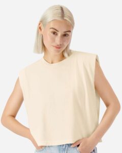 American Apparel 307GD Women’s Heavyweight Cotton Garment-Dyed Muscle Tee – Faded Cream (on model)