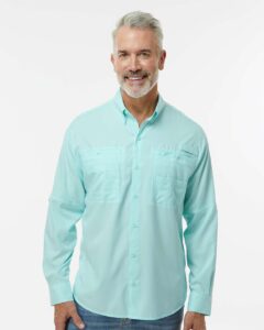 Paragon 702 Men’s Kitty Hawk Performance Fishing Shirt – Aqua Blue (on model)