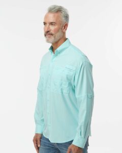 Paragon 702 Men’s Kitty Hawk Performance Fishing Shirt – Aqua Blue (on model side)