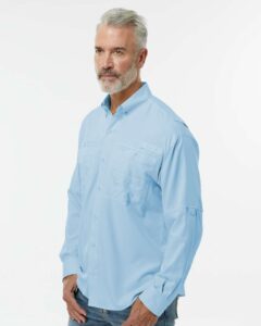 Paragon 702 Men’s Kitty Hawk Performance Fishing Shirt – Blue Mist (on model side)