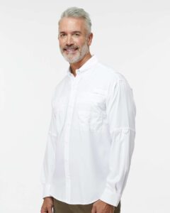 Paragon 702 Men’s Kitty Hawk Performance Fishing Shirt – White (on model side)