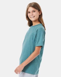 Hanes 498Y Youth Perfect-T T-Shirt – Cactus Heather (on model side)