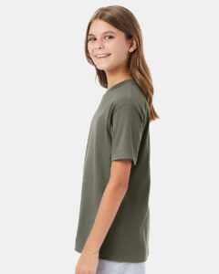 Hanes 498Y Youth Perfect-T T-Shirt – Fatigue Green (on model side)