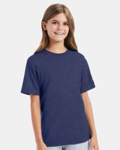 Hanes 498Y Youth Perfect-T T-Shirt – Heather Navy (on model)