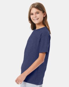 Hanes 498Y Youth Perfect-T T-Shirt – Heather Navy (on model side)
