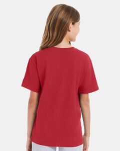 Hanes 498Y Youth Perfect-T T-Shirt – Heather Red (on model back)