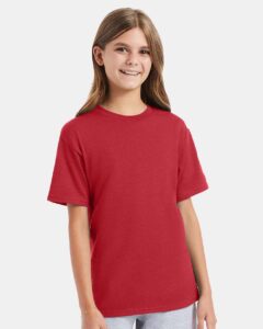 Hanes 498Y Youth Perfect-T T-Shirt – Heather Red (on model)