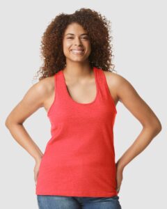 Gildan 64220LCVC Women’s Softstyle® CVC Racerback Tank Top – Red Mist (on model)