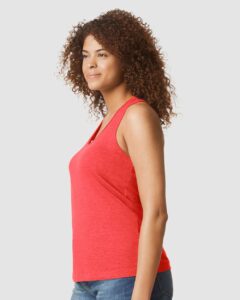 Gildan 64220LCVC Women’s Softstyle® CVC Racerback Tank Top – Red Mist (on model side)