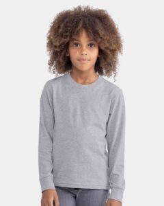 Next Level 3311 Youth Cotton Long Sleeve Tee – Heather Grey (on model)