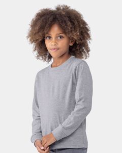 Next Level 3311 Youth Cotton Long Sleeve Tee – Heather Grey (on model side)