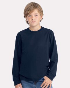 Next Level 3311 Youth Cotton Long Sleeve Tee – Midnight Navy (on model)