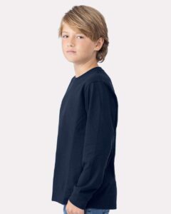 Next Level 3311 Youth Cotton Long Sleeve Tee – Midnight Navy (on model side)
