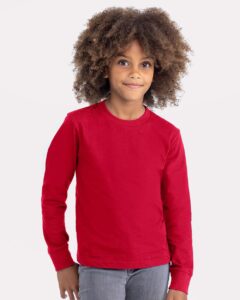 Next Level 3311 Youth Cotton Long Sleeve Tee – Red (on model)