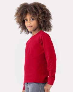Next Level 3311 Youth Cotton Long Sleeve Tee – Red (on model side)