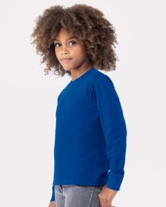 Next Level 3311 Youth Cotton Long Sleeve Tee – Royal (on model side)