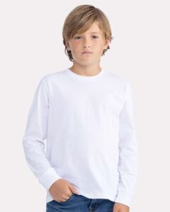 Next Level 3311 Youth Cotton Long Sleeve Tee – White (on model)