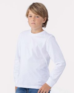 Next Level 3311 Youth Cotton Long Sleeve Tee – White (on model side)