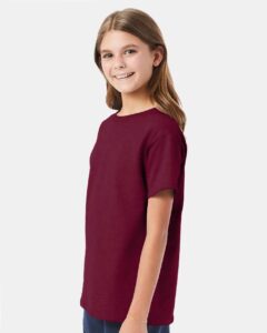 Hanes 5480 Youth Essential-T T-Shirt – Athletic Cardinal (on model side)