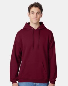 Hanes P170 Unisex EcoSmart® Hooded Sweatshirt – Athletic Cardinal (on model)