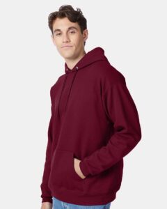 Hanes P170 Unisex EcoSmart® Hooded Sweatshirt – Athletic Cardinal (on model side)