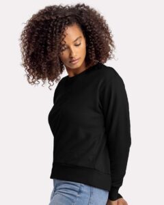 Next Level 9084 Women’s Laguna Sueded Crewneck Sweatshirt – Black (on model side)