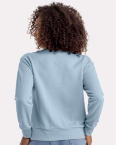 Next Level 9084 Women’s Laguna Sueded Crewneck Sweatshirt – Stonewash Denim (on model back)