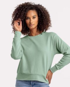 Next Level 9084 Women’s Laguna Sueded Crewneck Sweatshirt – Stonewash Green (on model)