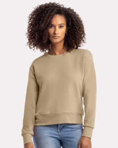 Next Level 9084 Women’s Laguna Sueded Crewneck Sweatshirt – Tan (on model)