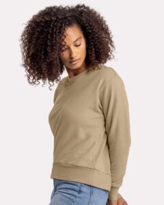 Next Level 9084 Women’s Laguna Sueded Crewneck Sweatshirt – Tan (on model side)