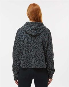 J. America 8853 Women’s Crop Hooded Sweatshirt – Black Leopard Triblend (on model back)
