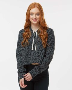 J. America 8853 Women’s Crop Hooded Sweatshirt – Black Leopard Triblend (on model)