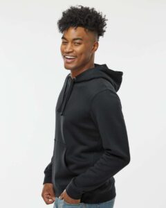 J. America 8720 Unisex BTB Fleece Hooded Sweatshirt – Black (on model side)