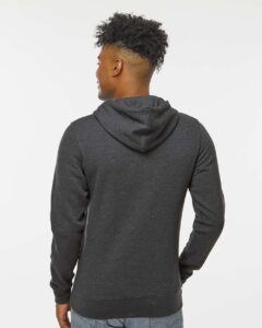 J. America 8720 Unisex BTB Fleece Hooded Sweatshirt – Charcoal Heather (on model back)