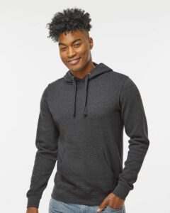 J. America 8720 Unisex BTB Fleece Hooded Sweatshirt – Charcoal Heather (on model)