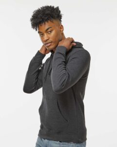 J. America 8720 Unisex BTB Fleece Hooded Sweatshirt – Charcoal Heather (on model side)