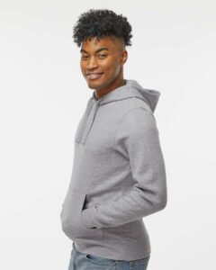 J. America 8720 Unisex BTB Fleece Hooded Sweatshirt – Oxford (on model side)