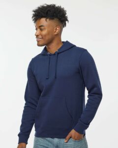 J. America 8720 Unisex BTB Fleece Hooded Sweatshirt – True Navy (on model)