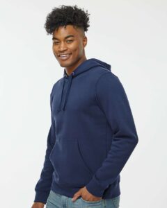 J. America 8720 Unisex BTB Fleece Hooded Sweatshirt – True Navy (on model side)