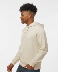 J. America 8720 Unisex BTB Fleece Hooded Sweatshirt – Oyster (on model side)