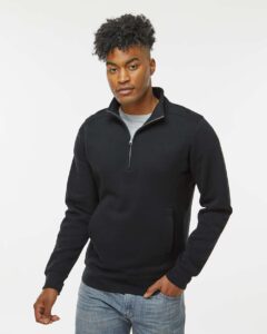 J. America 8717 Unisex Heavyweight Fleece Quarter-Zip Sweatshirt – Black (on model)