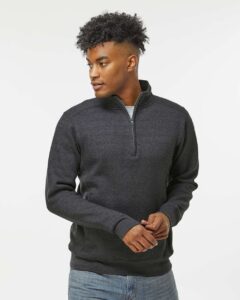 J. America 8717 Unisex Heavyweight Fleece Quarter-Zip Sweatshirt – Charcoal Heather (on model)