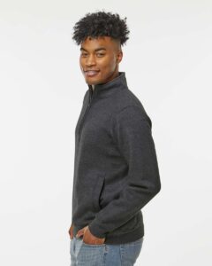 J. America 8717 Unisex Heavyweight Fleece Quarter-Zip Sweatshirt – Charcoal Heather (on model side)