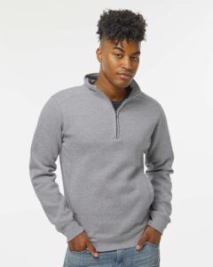 J. America 8717 Unisex Heavyweight Fleece Quarter-Zip Sweatshirt – Oxford (on model)