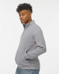 J. America 8717 Unisex Heavyweight Fleece Quarter-Zip Sweatshirt – Oxford (on model side)