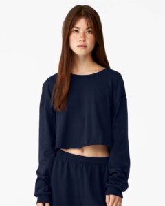 BELLA + CANVAS 6501 Women’s FWD Fashion Crop Long Sleeve Tee – Navy (on model)