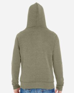 J. America 8872 Men’s Triblend Full-Zip Hooded Sweatshirt – Olive Triblend (on model back)