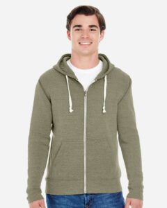 J. America 8872 Men’s Triblend Full-Zip Hooded Sweatshirt – Olive Triblend (on model)